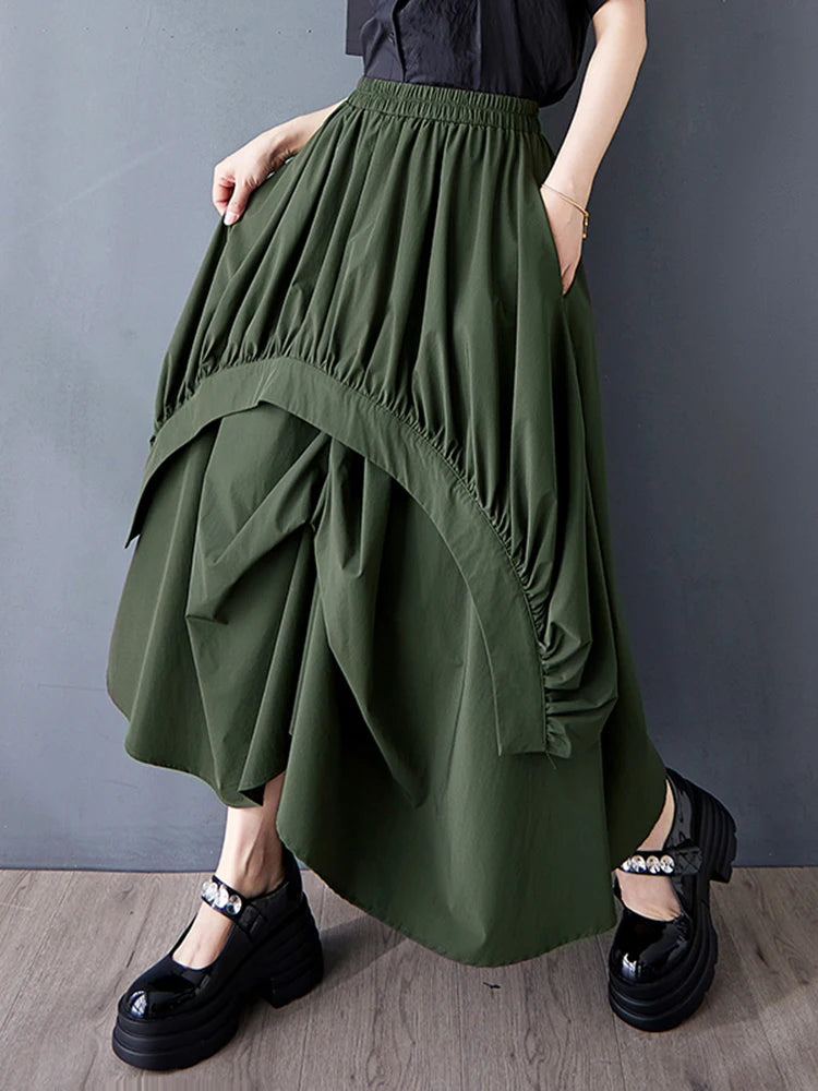 XITAO Irregular Pleated Elastic Waist Skirt Casual Solid Color A-line Loose Fitting Asymmetric New Spring Women Skirt HQQ2455