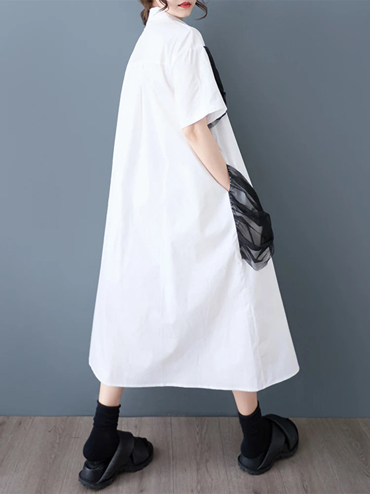 XITAO Patchwork Mesh Single Breasted Dress Turn-down Collar Half Sleeve Leisure New Arrival Sweet Simple Women Dress GYX1565