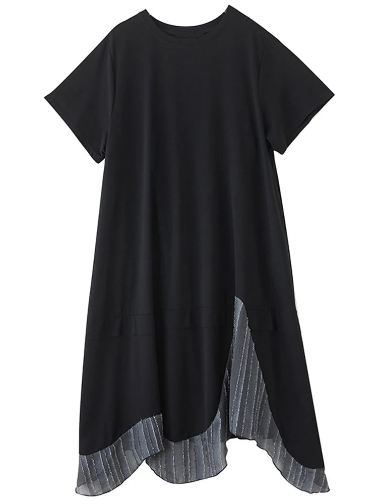 XITAO Patchwork Asymmetrical Black Dress Loose Casual Slimming Temperament O-neck Simple Short Sleeve Summer Woman Dress ZMY1385