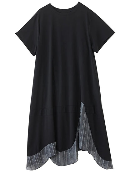 XITAO Patchwork Asymmetrical Black Dress Loose Casual Slimming Temperament O-neck Simple Short Sleeve Summer Woman Dress ZMY1385