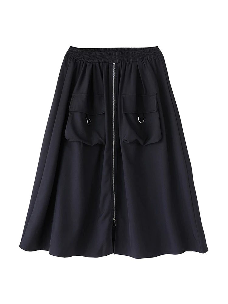 XITAO Zipper Pocket Patchwork Split Skirt Solid Color Elastic Waist Loose Mid-calf Casual Personality Slimming Skirt GYX1559