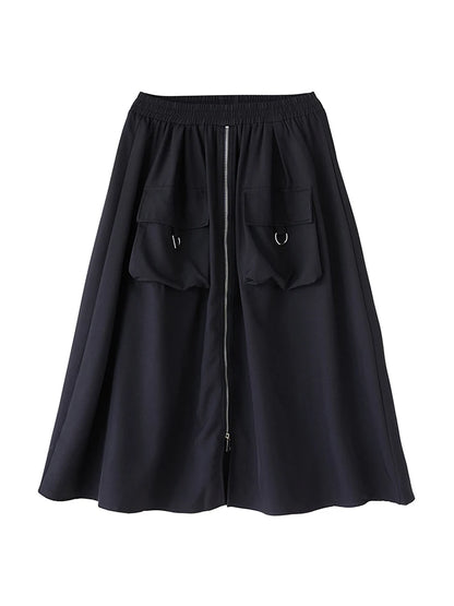 XITAO Zipper Pocket Patchwork Split Skirt Solid Color Elastic Waist Loose Mid-calf Casual Personality Slimming Skirt GYX1559