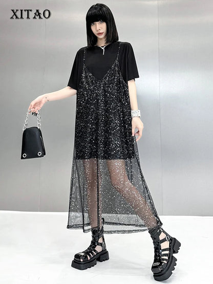 XITAO Sequin Mesh O-neck Dress Casual Loose Fitting A-line Hong Kong Elegant Fashion Personality Summer Women Dress ZMY1235