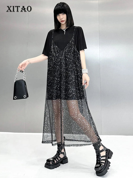 XITAO Sequin Mesh O-neck Dress Casual Loose Fitting A-line Hong Kong Elegant Fashion Personality Summer Women Dress ZMY1235