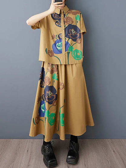 XITAO Print Flower Single Breasted Skirt Set Casual Loose Short Sleeve Turn-down Collar A-line Vintage Spring Women Set GYX1601