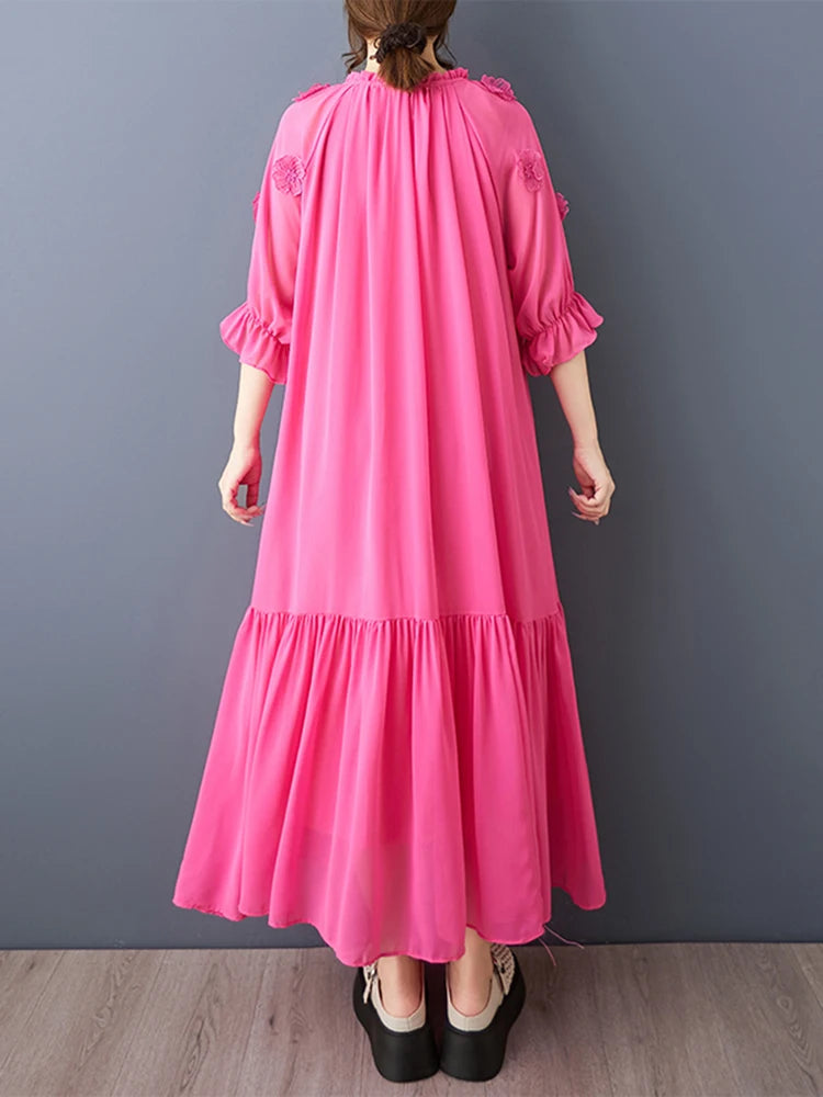 XITAO Three-dimensional Decoration Flower Dress O-neck Bandage Patchwork Solid Color Temperament Slim All Match Dress ZMY1356