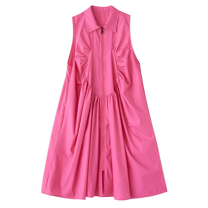 XITAO Zipper Pleated Lapel Dress Casual Sleeveless Solid Color Turn-down Collar A-line New Patchwork Summer Female Dress GYX1549