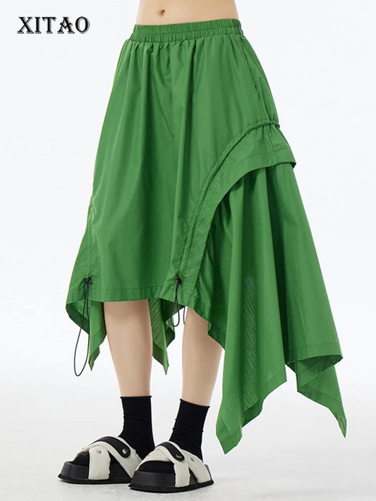 XITAO Asymmetric Drawstring Loose Skirt Solid Color Personality Women Trend Slimming Irregular Elastic Waist Skirt HQQ2442