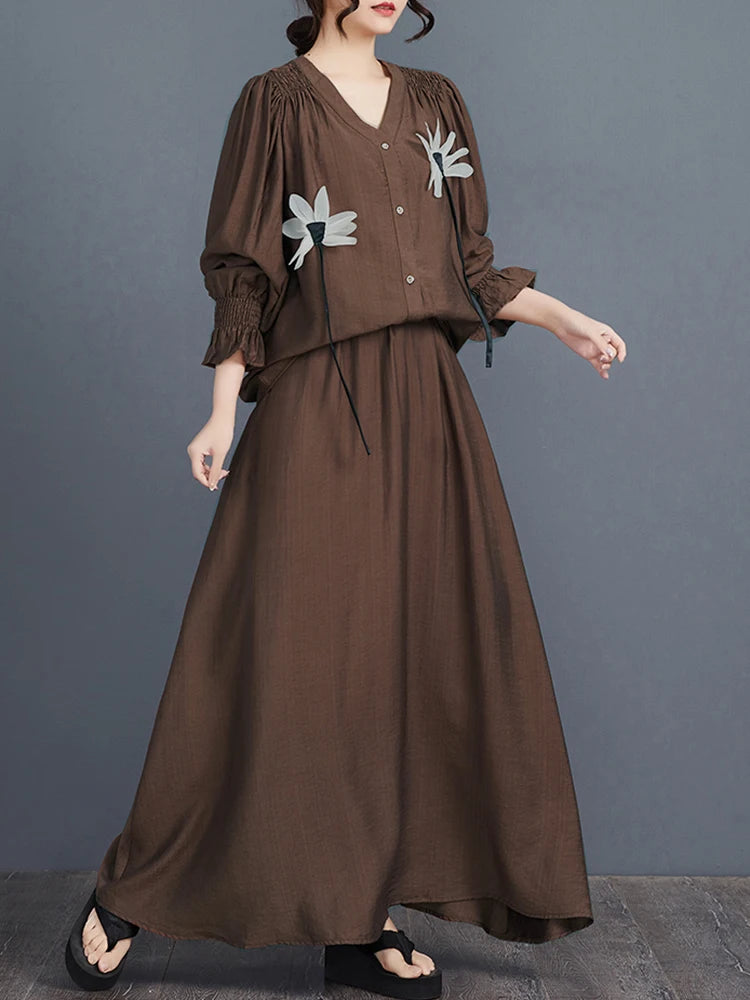 XITAO Flower Single Breasted V-neck Matching Set Casual Solid Color Full Sleeve Loose Fitting Elastic Waist Women Set GYX1632