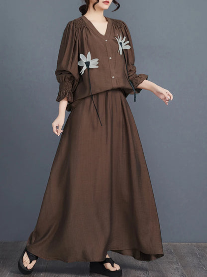 XITAO Flower Single Breasted V-neck Matching Set Casual Solid Color Full Sleeve Loose Fitting Elastic Waist Women Set GYX1632