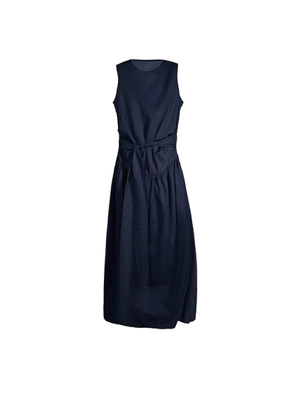 XITAO Solid Color Sleeveless Dress Drawstring Simple O-neck Loose Personality New Arrival Slimming Summer Woman Dress ZMY1400