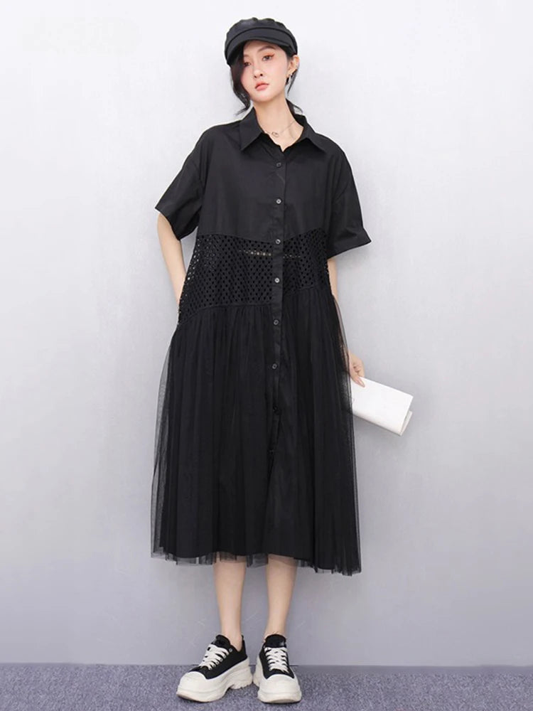 XITAO Contrast Color Hollow Out Patchwork Gauze Dress Turn-down Collar Short Sleeve Single Breasted Loose Casual Dress GYX1617