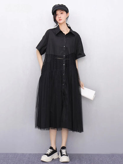 XITAO Contrast Color Hollow Out Patchwork Gauze Dress Turn-down Collar Short Sleeve Single Breasted Loose Casual Dress GYX1617