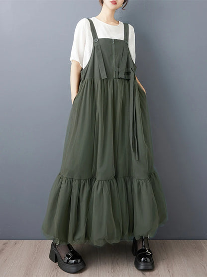 XITAO Patchwork Gauze Pleated Dress Solid Color Casual Sleeveless Loose Zipper Summer Woman Shoulder Strap Dress GYX1652