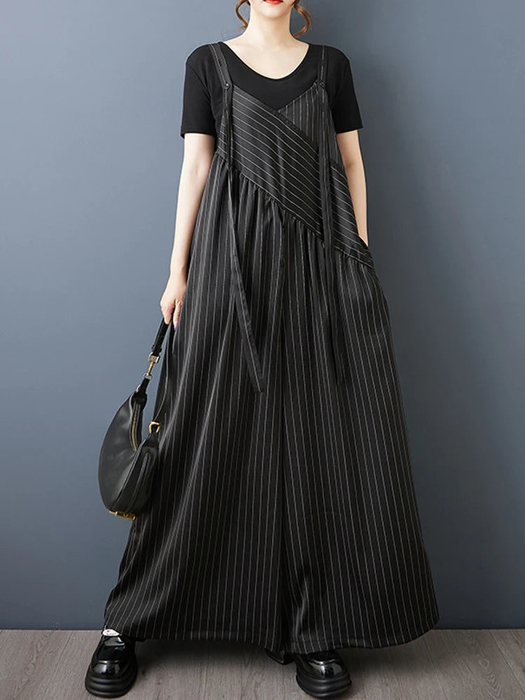 XITAO Striped Asymmetrical Casual Jumpsuits Loose Sleeveless V-neck Patchwork All-match Slimming Summer Woman Jumpsuits ZMY1404