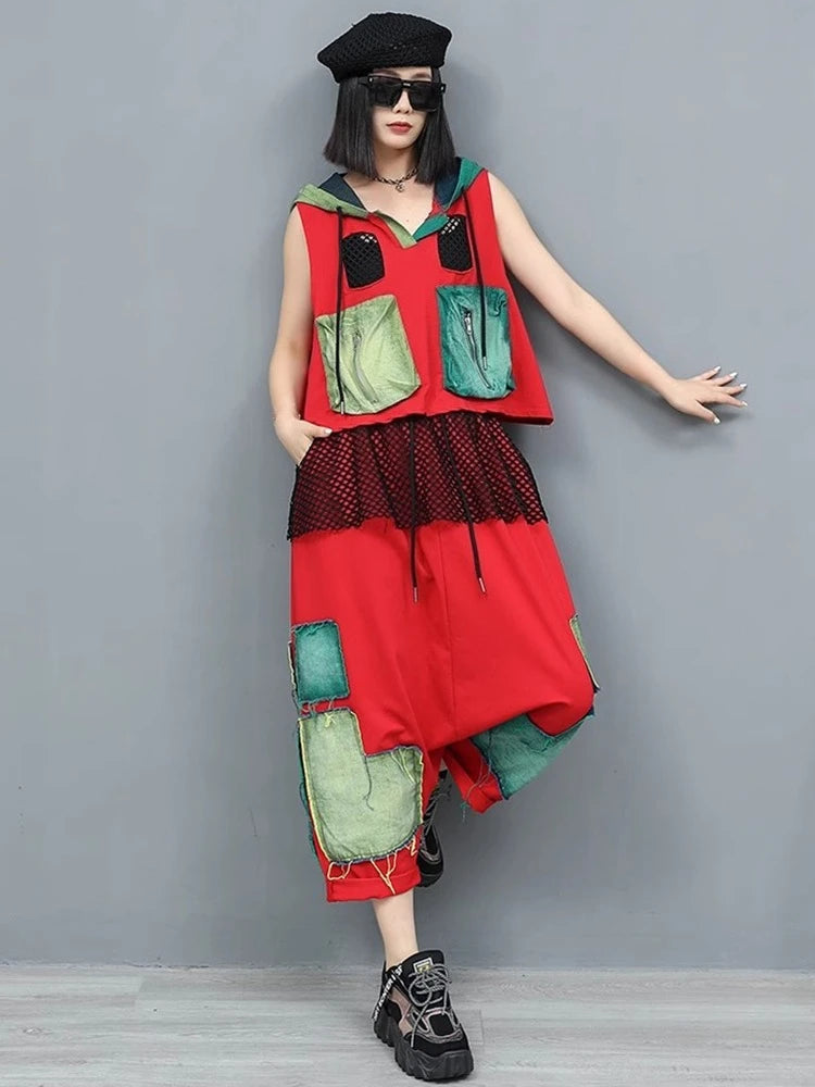 XITAO Patchwork Pocket Contrast Color Hooded Matching Set Casual Loose Fitting Elastic Waist Personality Women Sets GYX1650