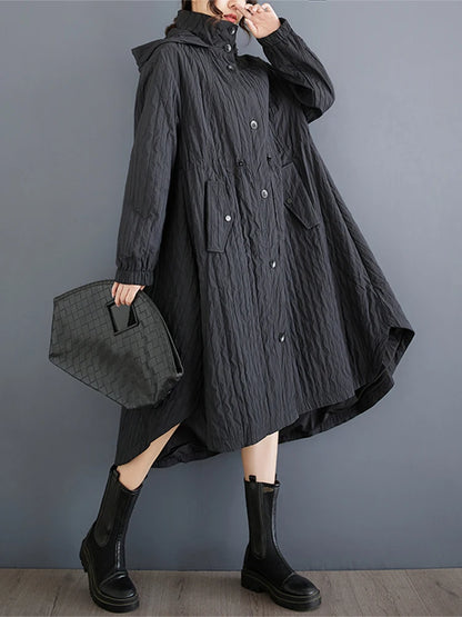 XITAO Solid Color Loose Hooded Trench Coat Europe Single Breasted Draw Rope Sliming Full Sleeve Fashion Mid-calf Trench ZYY1100