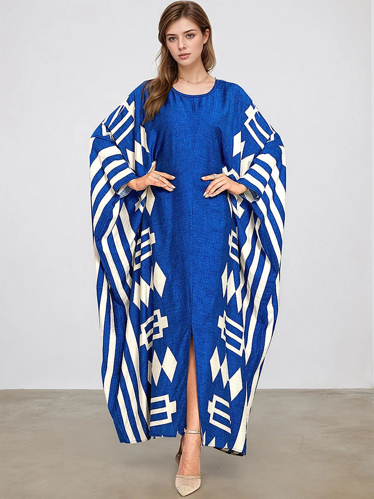 XITAO A-line Print O-neck Dress Bat Wing Sleeve Temperament Slimming Side Slit Print Personality Summer Female Dress GJ1190
