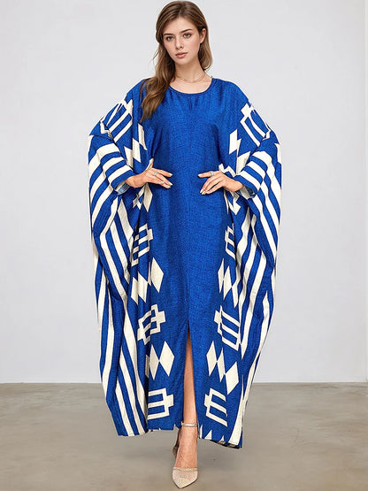 XITAO A-line Print O-neck Dress Bat Wing Sleeve Temperament Slimming Side Slit Print Personality Summer Female Dress GJ1190