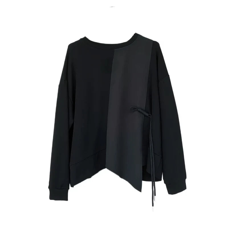 XITAO Irregular Patchwork Casual Women T-shirt O-neck Long Sleeve Loose New Autumn Fashion Casual Pullover Lace-up Tops GYX1062