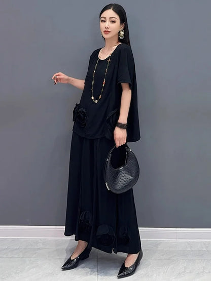 XITAO Casual Three-dimensional Flower Set Personality All-match Top Women Summer Loose Elastic Waist Big Hem Skirt ZMY1140