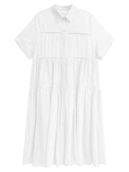 XITAO Lace Gauze Shirt Dress Loose Fashion Casual Women Short Sleeve Dress Summer New Temperament Turn-down Collar Dress HQQ0349