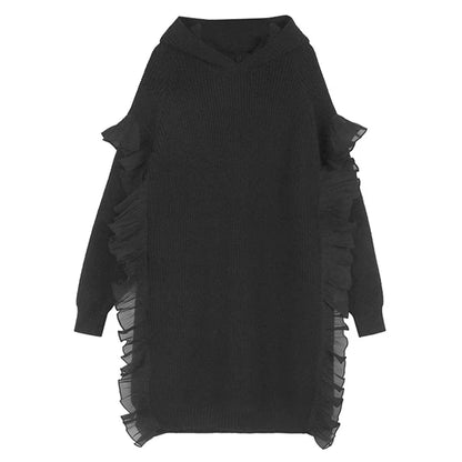 XITAO Hooded Ruffles Casual Solid Color Dress Full Sleeve Straight Pullover Knee-length Knitting Sweet Autumn Dress GMM1273