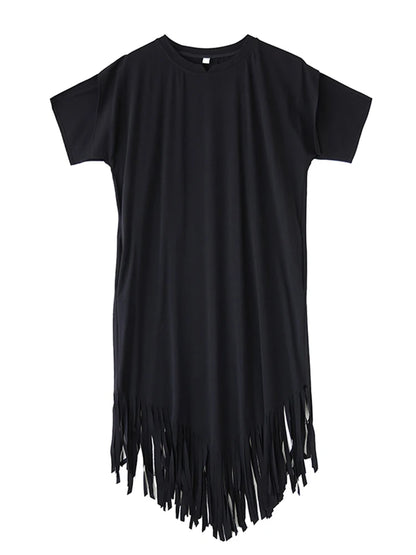 XITAO Asymmetrical Tassel Patchwork Women Dress Solid Color O-neck Pullover Short Sleeve Loose Mid-calf Casual Dress ZMY1170