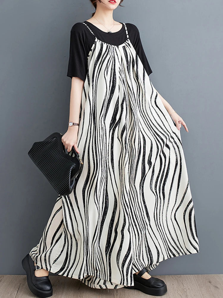 XITAO Striped Print Loose Jumpsuits Pocket Spaghetti Strap Casual New All-match Temperament Woman Summer Jumpsuits ZMY1272