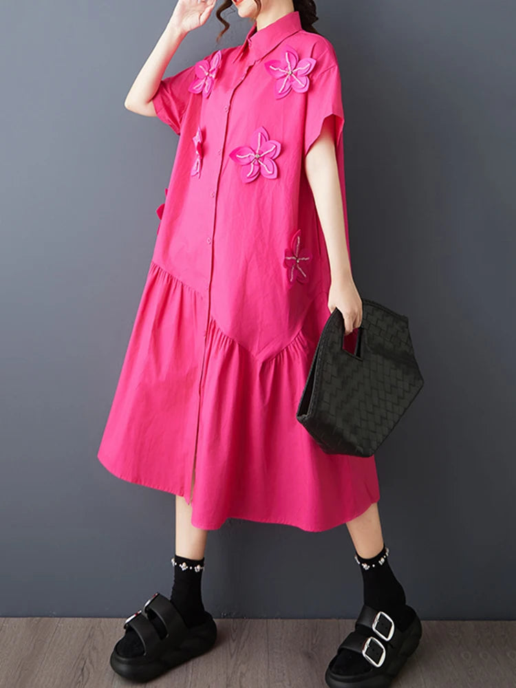 XITAO Flower Turn-down Collar Short Sleeve Dress Solid Color Irregular Patchwork Loose Casual Sweet Summer Woman Dress ZMY1386