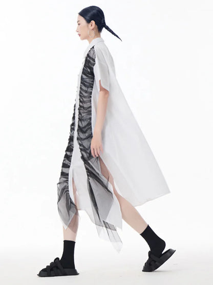 XITAO Pleated Single Breasted Turn-down Collar Dress Mesh Short Sleeve Asymmetrical Fashion A-line Summer Women Dress ZMY1201