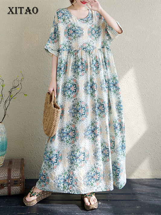 XITAO Print Flower O-neck Dress Casual Loose Fitting Slimming Short Sleeve A-line Long Style Summer Women Dress ZMY1131
