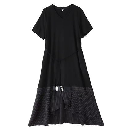 XITAO Striped Contrast Color Asymmetrical Dress V-neck Short Sleeve Patchwork Split Pullover Bandage Casual Female Dress ZMY1288