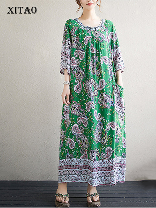 XITAO Pleated Print O-neck Dress Loose Fitting A-line Half Sleeve Long Style Pullover Summer Women Dress ZMY1099