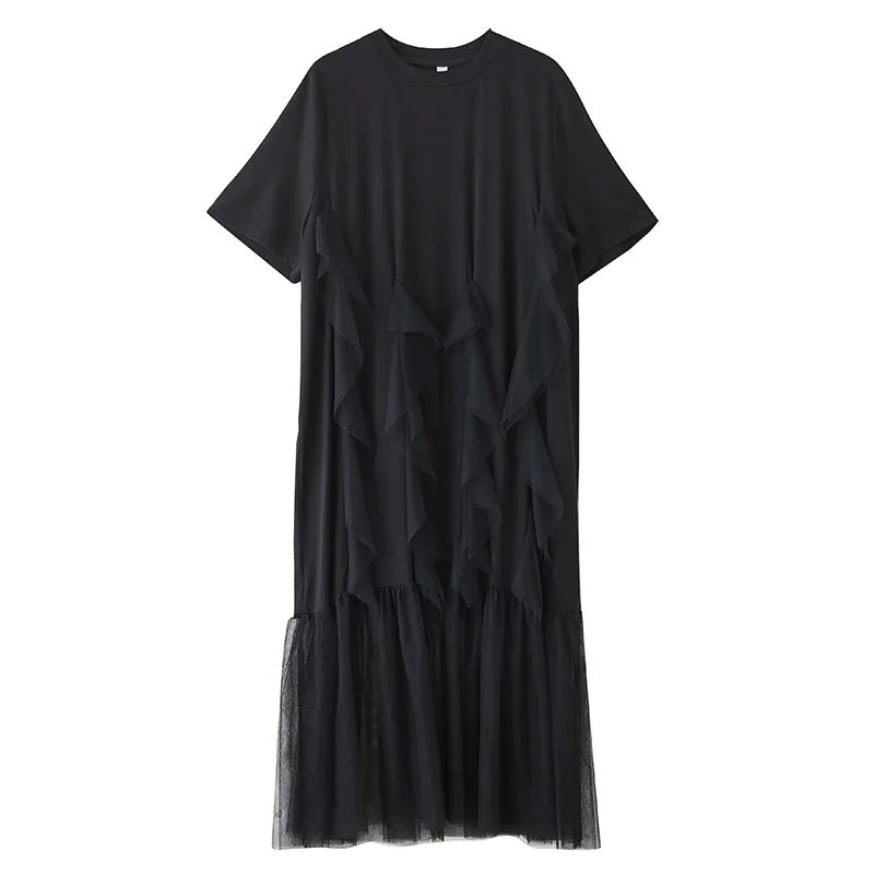 XITAO Mesh Patchwork Short Sleeve Dress A-line Solid Color Personality Pullover Edible Tree Fungus Summer Female Dress ZMY1372