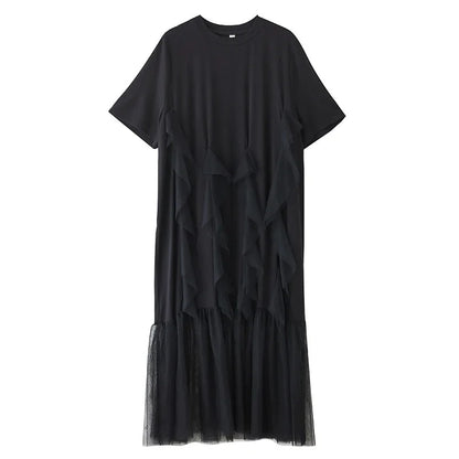 XITAO Mesh Patchwork Short Sleeve Dress A-line Solid Color Personality Pullover Edible Tree Fungus Summer Female Dress ZMY1372