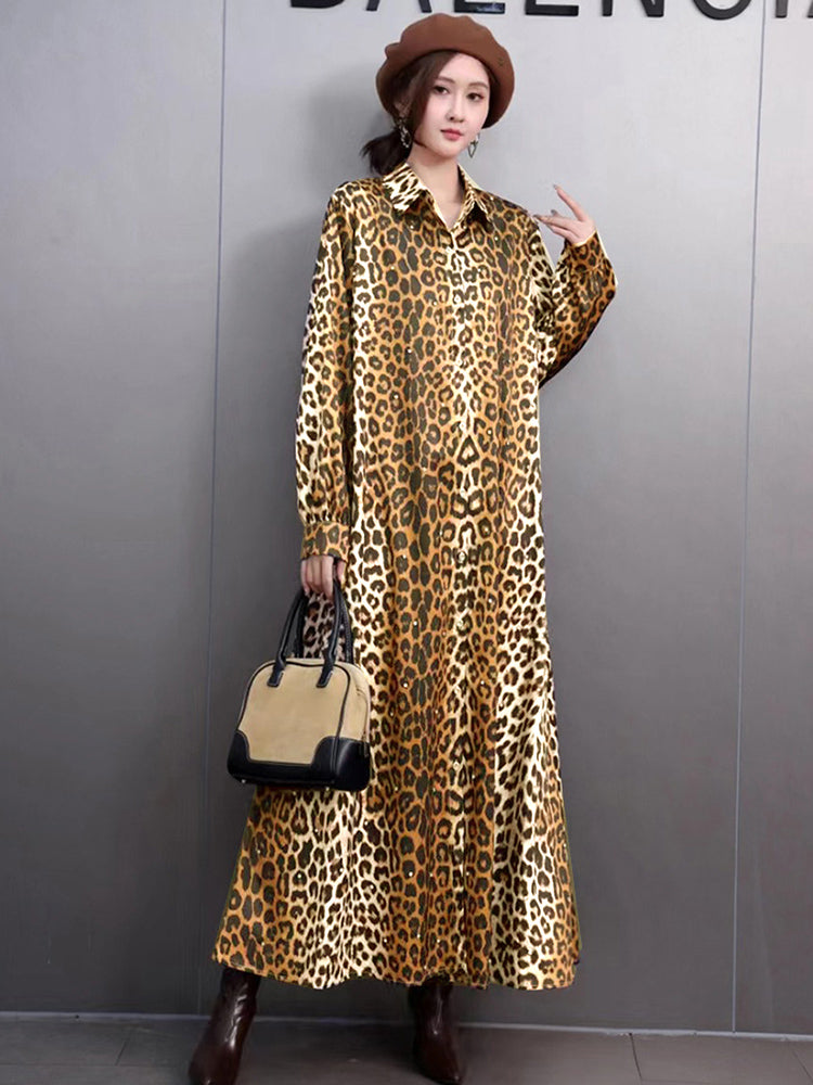 X XITAO Leopard Print Single Breasted Lapel Dress Full Sleeve Casual Simple A-line Fashion Shirt Collar Popular Slimming Women Dress GMM1318
