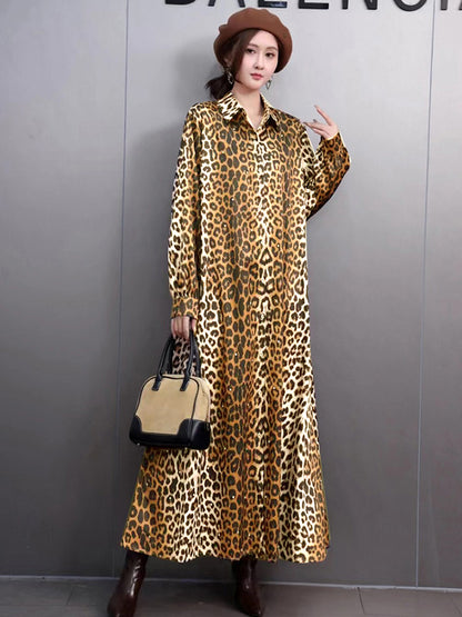 X XITAO Leopard Print Single Breasted Lapel Dress Full Sleeve Casual Simple A-line Fashion Shirt Collar Popular Slimming Women Dress GMM1318
