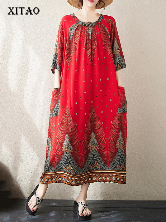 XITAO Print Folds Half Sleeve Dress Casual Loose Fitting O-neck Chinese Style A-line Comfortable Summer Women Dress ZMY1103