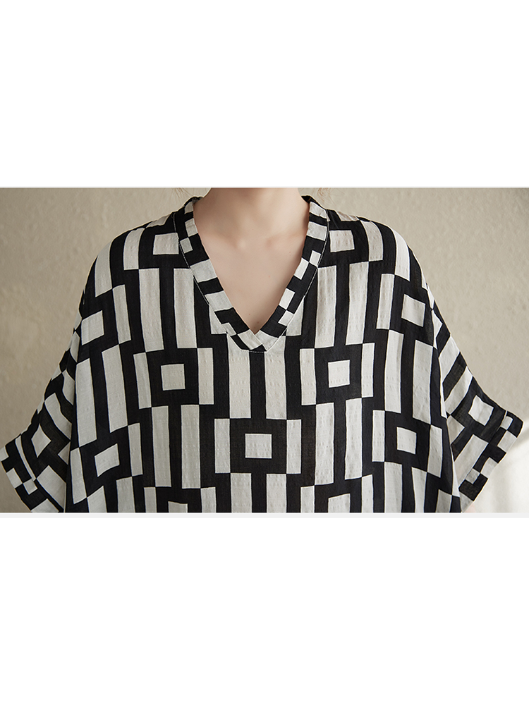 XITAO Print Batwing Sleeve V-neck Pullover Dress Vintage Loose Slimming Ankle-Length Casual All Match Temperament Dress ZY8929