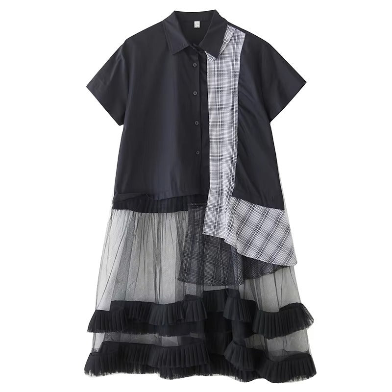 XITAO Asymmetrical Gauze Patchwork Dress Fashion Short Sleeve Turn-down Collar Loose Casual All-match Summer Woman Dress ZMY1388