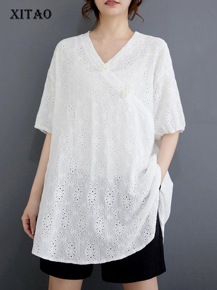 XITAO Asymmetric V-neck T-shirt Casual Short Sleeve Simple Solid Color Chinese Style All Match Summer Female T-shirt ZMY1101