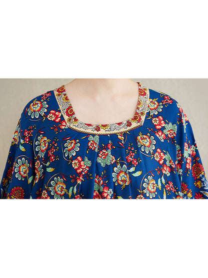 XITAO Flower Pleated Print O-neck Dress Casual Loose Fitting Ethnic Style Simple Pullover Summer Women Dress ZMY1098