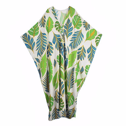 XITAO Loose Bat Wing Sleeve V-neck Dress Side Slit Trend New Arrival Fashion Pullover Summer Print All-match Woman Dress GJ1197