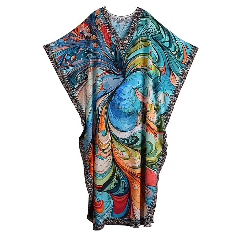 XITAO Bat Wing Sleeve V-neck Vintage Dress Side Slit Print Pullover Loose Temperament Summer Woman Ankle-length Dress GJ1195