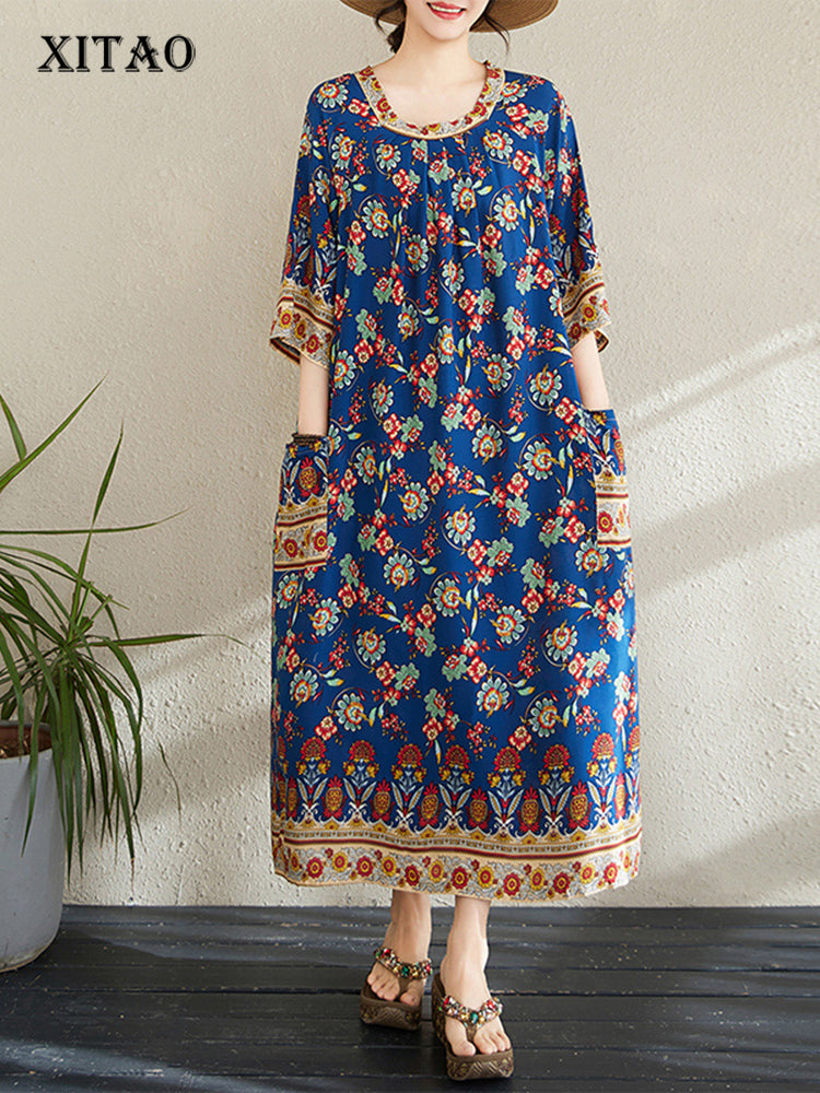XITAO Flower Pleated Print O-neck Dress Casual Loose Fitting Ethnic Style Simple Pullover Summer Women Dress ZMY1098