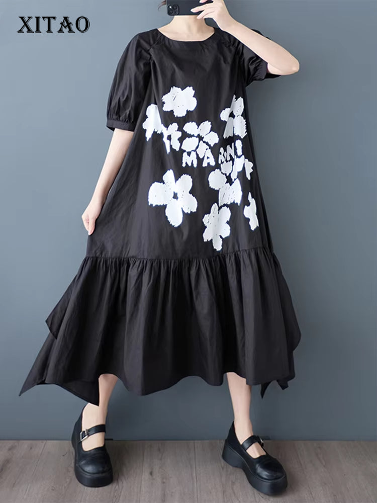 XITAO Patchwork Print Flower Ruffles Dress Casual Half Sleeve O-neck Leisure Sweet Simple Loose Fitting New Summer Dress ZY8940