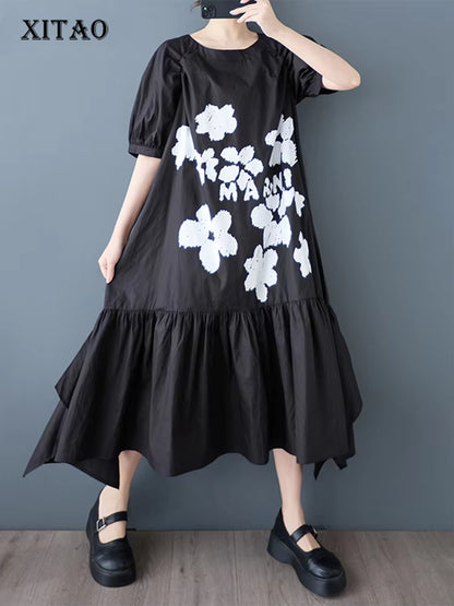 XITAO Patchwork Print Flower Ruffles Dress Casual Half Sleeve O-neck Leisure Sweet Simple Loose Fitting New Summer Dress ZY8940
