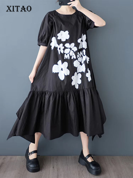 XITAO Patchwork Print Flower Ruffles Dress Casual Half Sleeve O-neck Leisure Sweet Simple Loose Fitting New Summer Dress ZY8940
