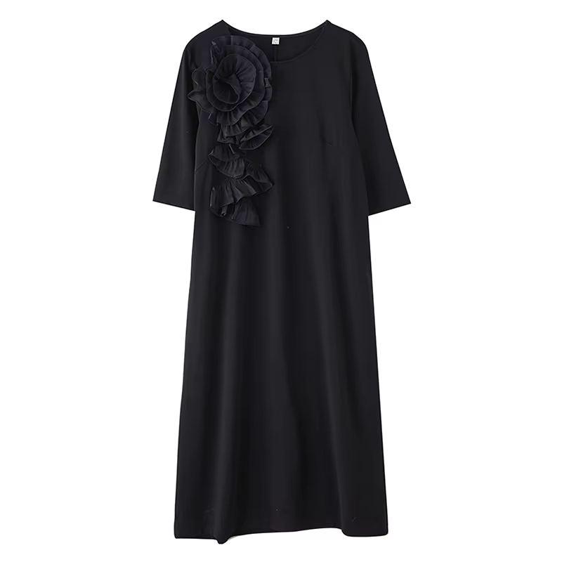XITAO Flower Patchwork Loose Female Dress Vintage Solid Color Temperament Elegant Women Simple Irregular Casual Dress ZMY1064